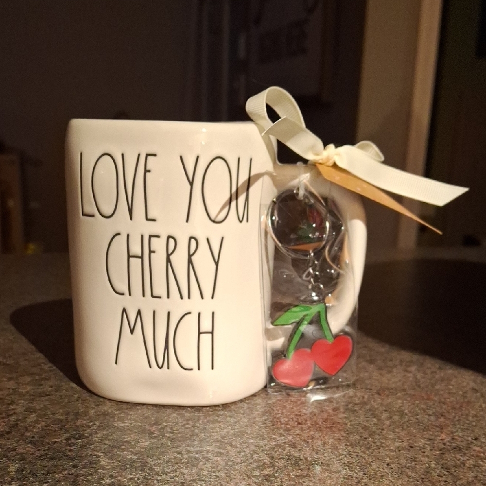 Rae Dunn White Mug with Red Cherry Keychain Accent